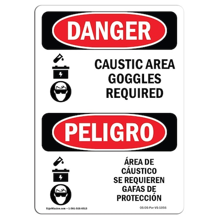 OSHA Danger, Caustic Area Goggles Required Bilingual, 5in X 3.5in Decal